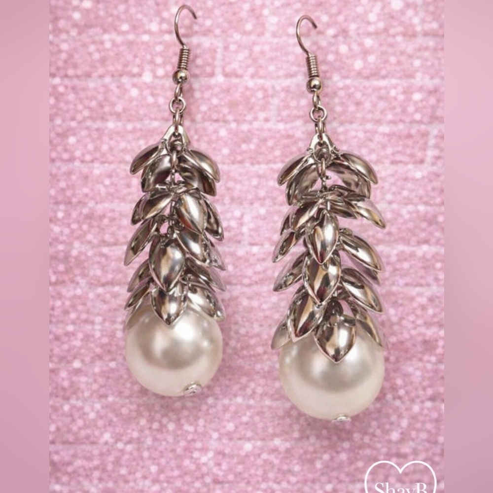 Pearl And Silver Leaf Dangle Earrings